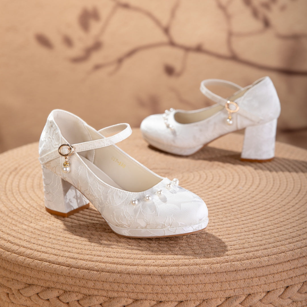 White And Beige Jacquard Mary Jane Style Women's Shoes With Thick Soles And Pearl Bow Straps, Waterproof Platform High Heels, Elegant And Versatile Wedding Shoes, Bridesmaid Shoes, Formal High Heels F