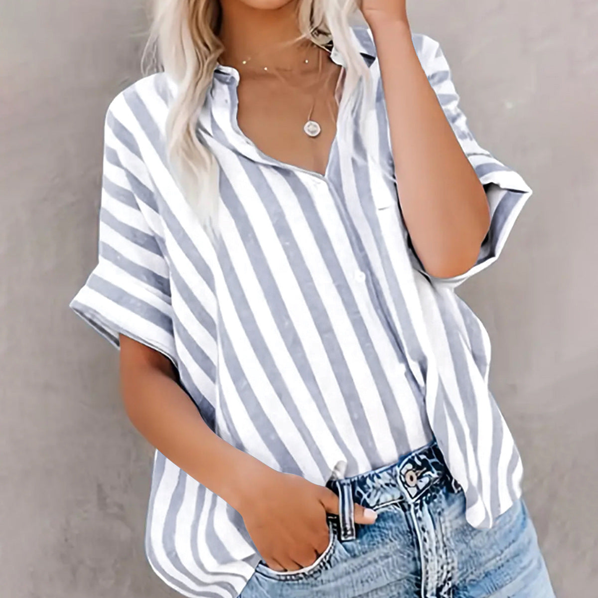 Loose-fitting Two-tone Striped Cardigan Shirt For Women
