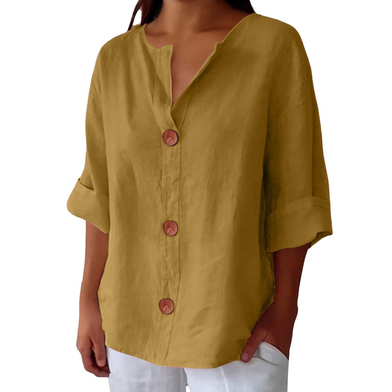 Women's V-neck cotton and linen buttoned blouse