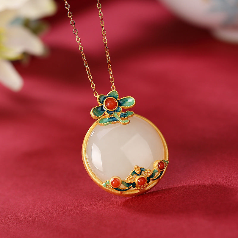 Inlaid Natural Hetian Jade Retro Stylish Pendant Chinese Style Necklace