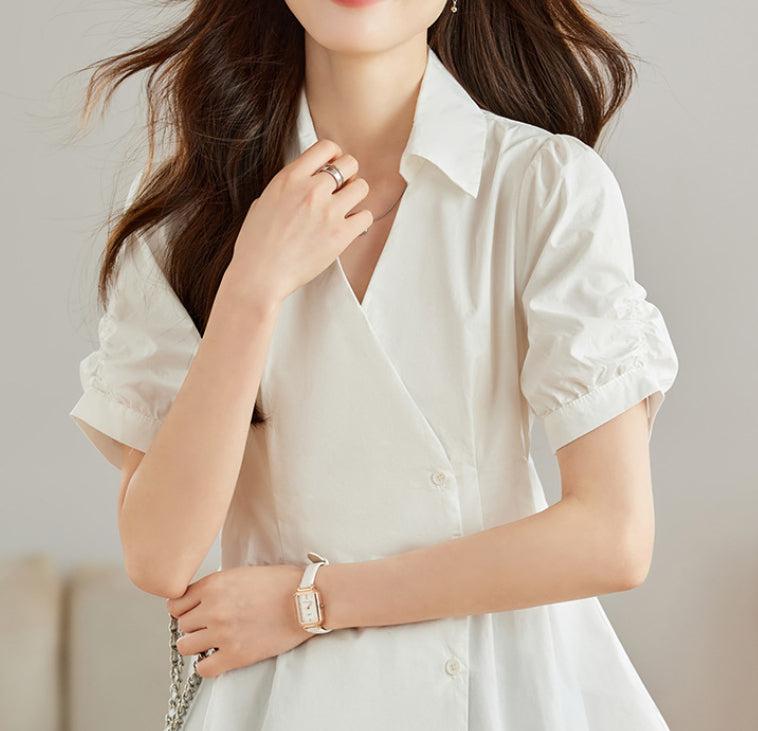 Women's Notched Collar Slim-fit Short-sleeve Shirt