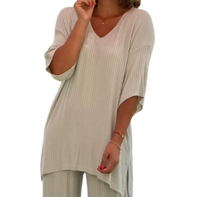 European And American Knitwear Top Two-piece Set Casual And Comfortable Baggy Straight Trousers