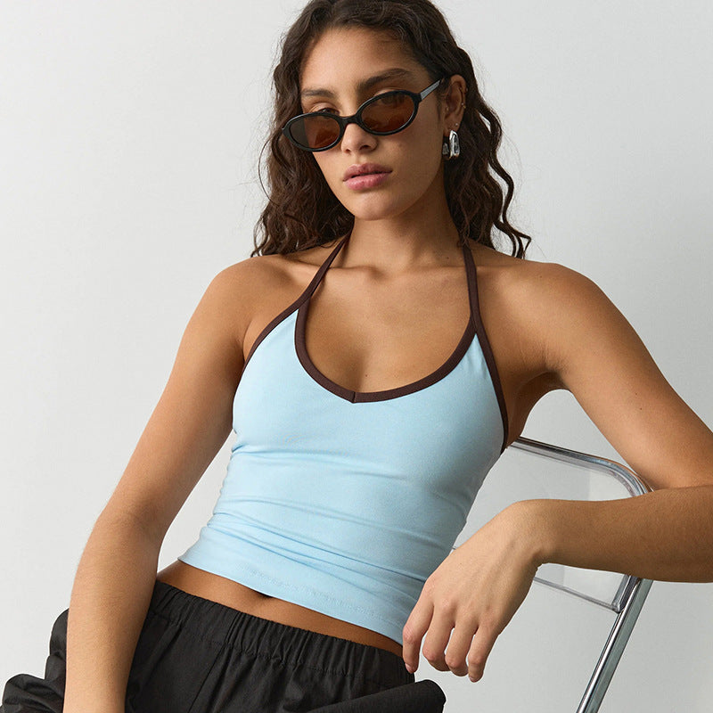 Womens Summer Instagram-Style New Contrasting Color Halter Top With Lace-up Details