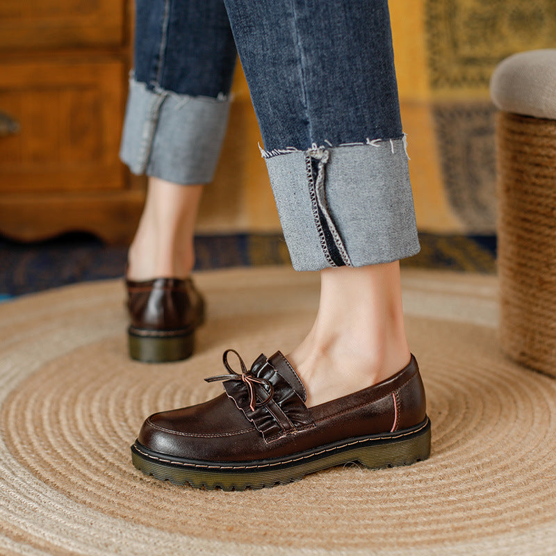 British Style Round Head Chunky Heel Small Leather Shoes For Women