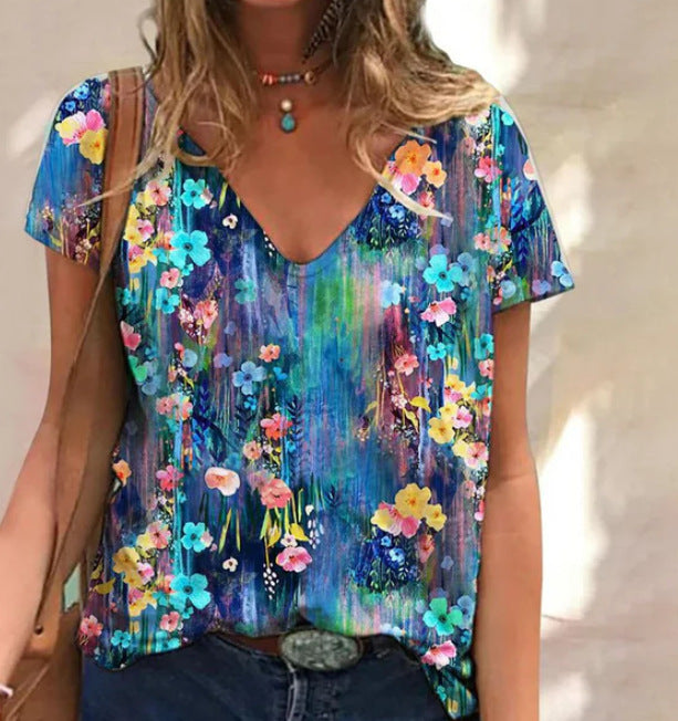 Fashionable 3D Printed Loose Short-sleeved Top For Women