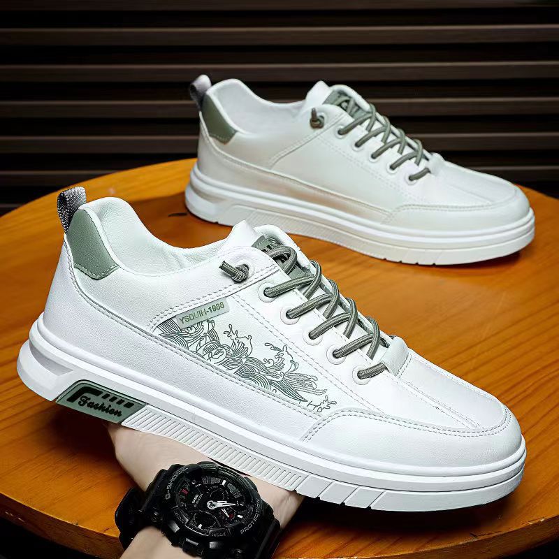 Men's Trendy All-match Low Top Casual Leather Soft Bottom White Shoes Sports Board Shoes Trendy