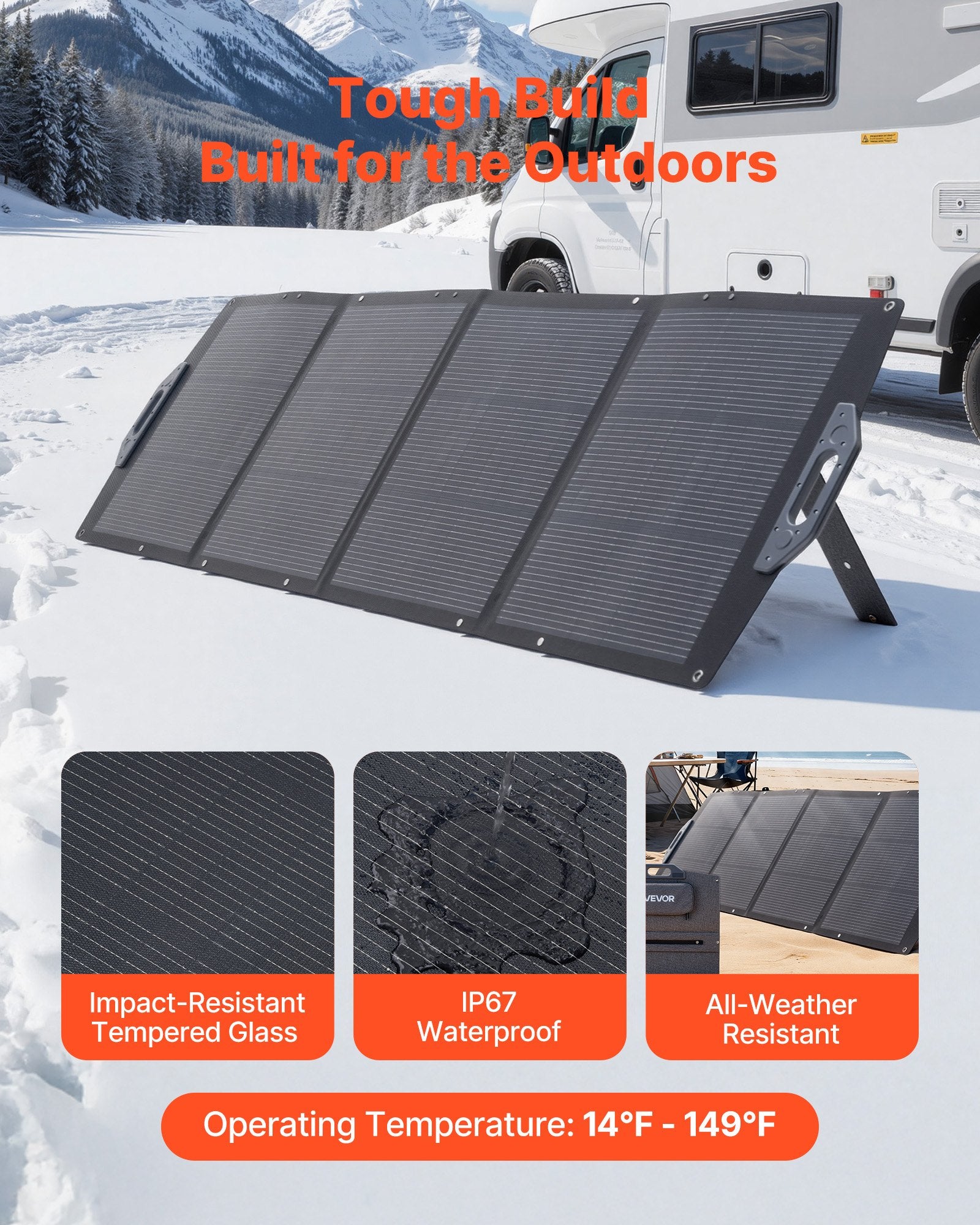 200W Foldable Solar Panel, 24% High-Efficiency Portable Monocrystalline Solar Panel Charger With MC4 Output, USB-A, Type-C & DC Ports, IP67 Waterproof For Power Stations, Camping, Hiking Trips