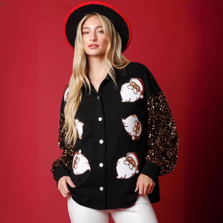 Women's Long-sleeved Button Fleece Shirt Sequined Sleeve Coat