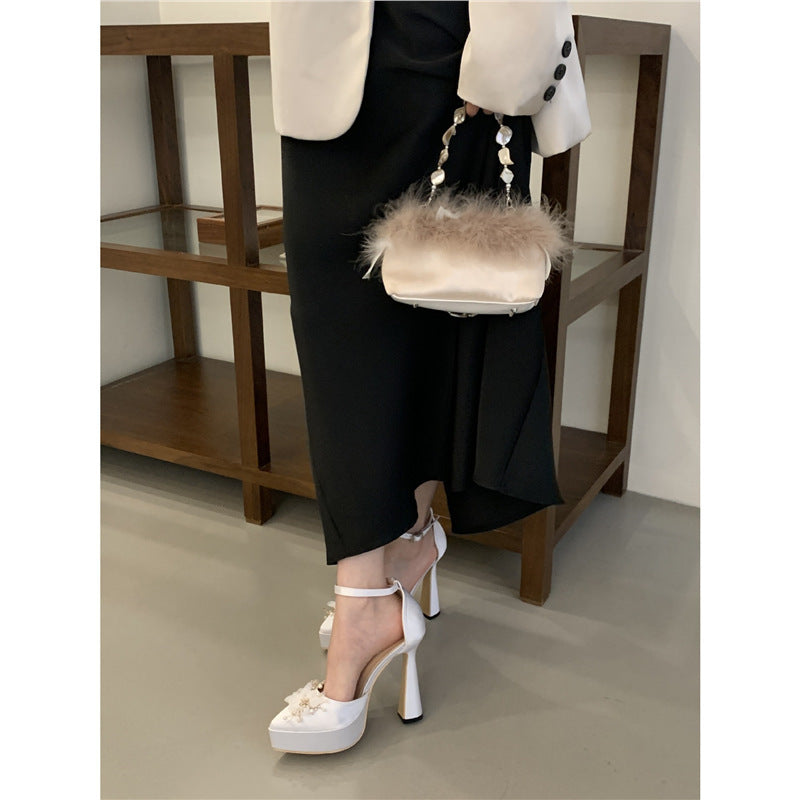 Women's Chunky Heel Waterproof Platform Silk High Heels