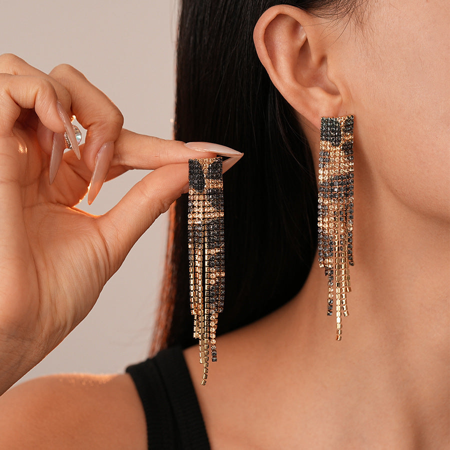 Silver Needle Black Rhimestone Flower Geometric Tassel Stud Earrings