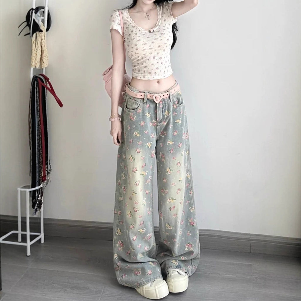 Womens Retro Floral High-Waist Wide-Leg Denim Jeans
