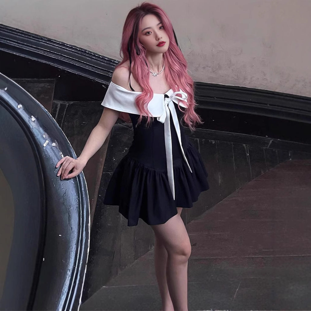 Off-shoulder Bow Lace-up Waist Trimming Short-sleeved Dress