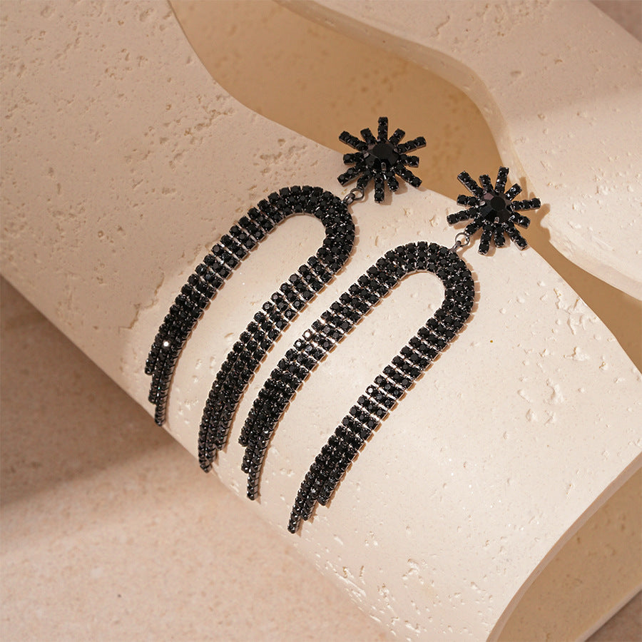 Silver Needle Black Rhimestone Flower Geometric Tassel Stud Earrings