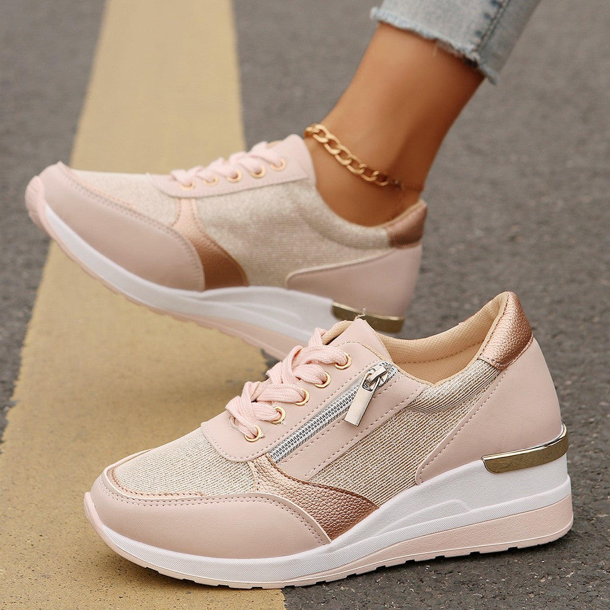 Women's Lace-up Casual Shoes FFashion Side Zipper Design Thick-soled Shoes Walking Running Sports Sneakers