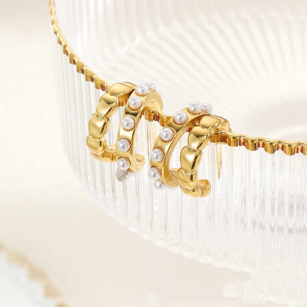 European And American Stainless Steel Retro Double C- Shaped Earrings Imitation Pearl Love