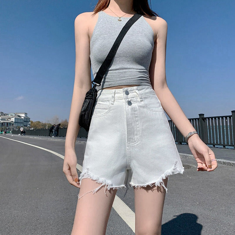 Ins-style Trendy Ripped Denim Shorts For Women Summer High-waisted A-line Design