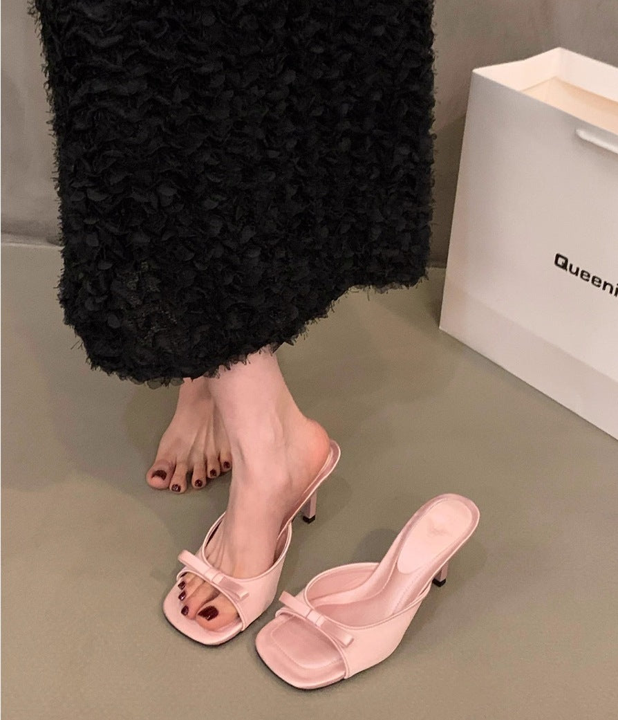 Square Head Fairy Bow High Heel Slippers Ankle-strap Stilettos