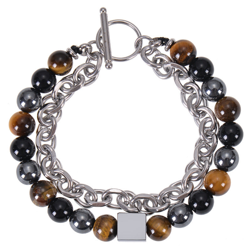 Stainless Steel Double Layer 8mm Tiger-Eye Bracelet Men