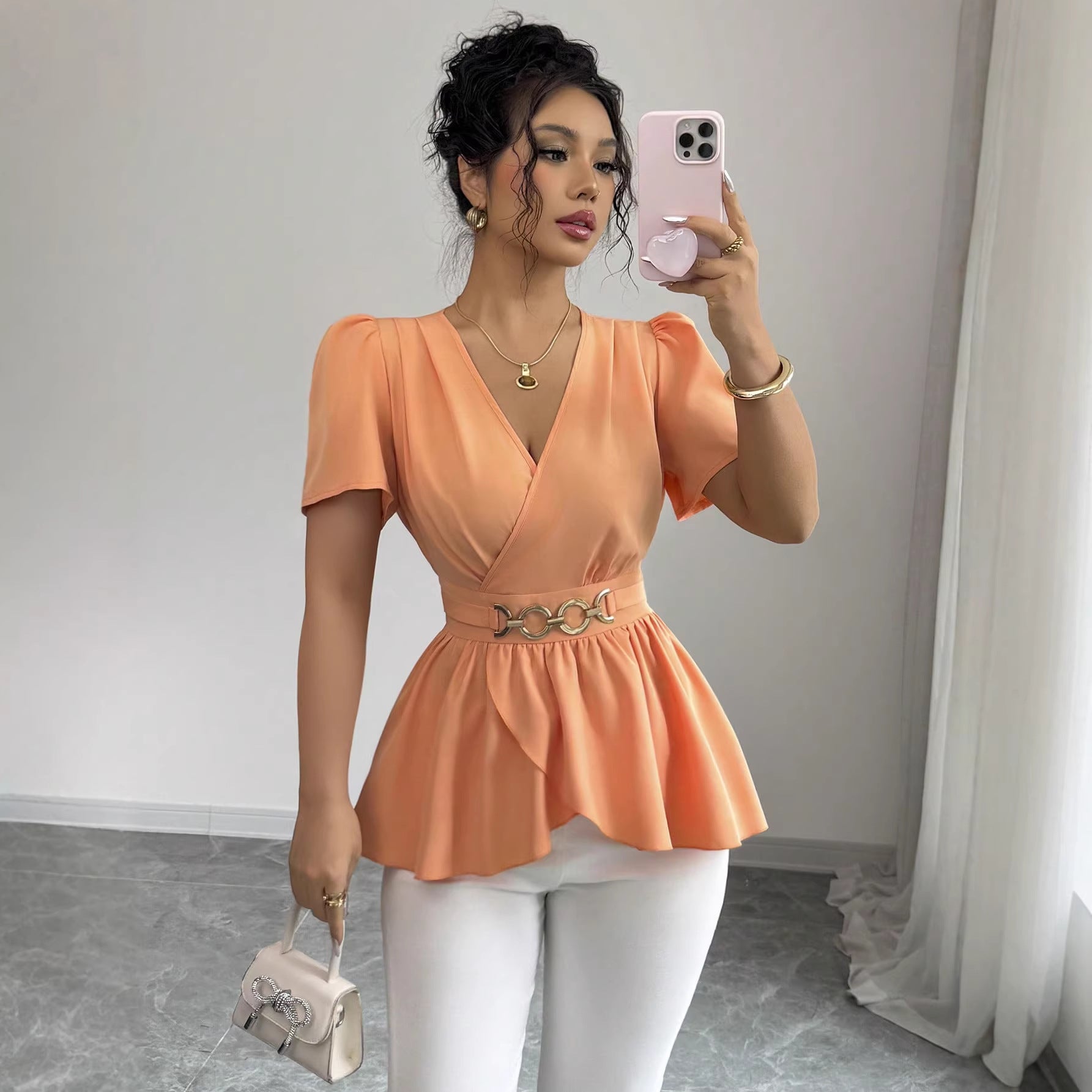 Slim-fit Solid-color Short-sleeve Womens Midriff-baring Top