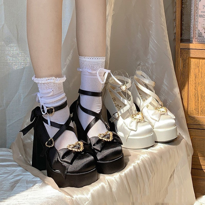 Waterproof Platform Satin Thick Heel Bowknot Love Cross Buckle Strap High Heel Pumps