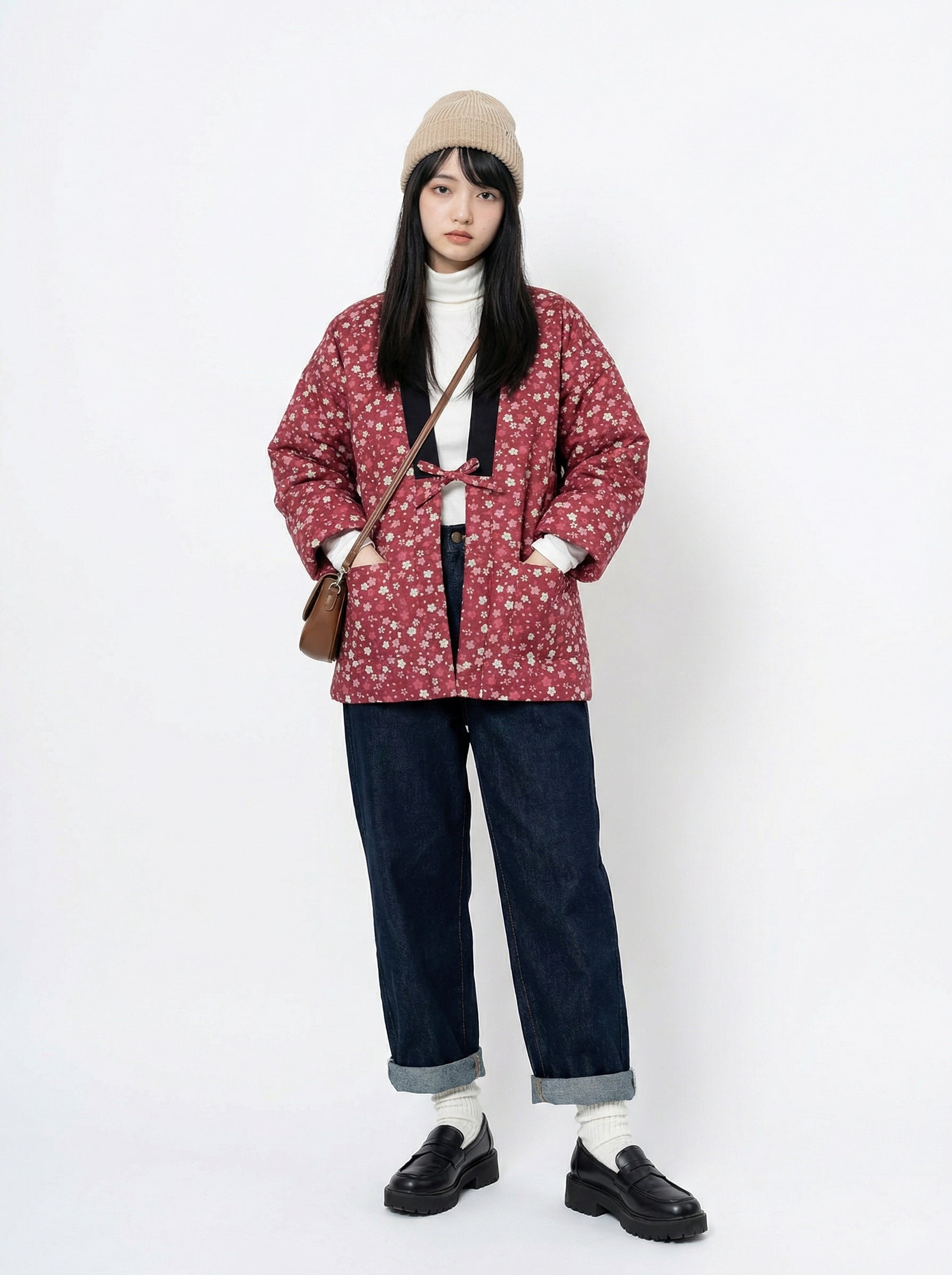 Women's Haori, Women's Warm Coat, Women's Japanese Style Padded Jacket, Indoor Wear, Lightweight & Warm Printed Coat, Japanese Traditional Clothing, Oversized Padded Jacket With Pockets