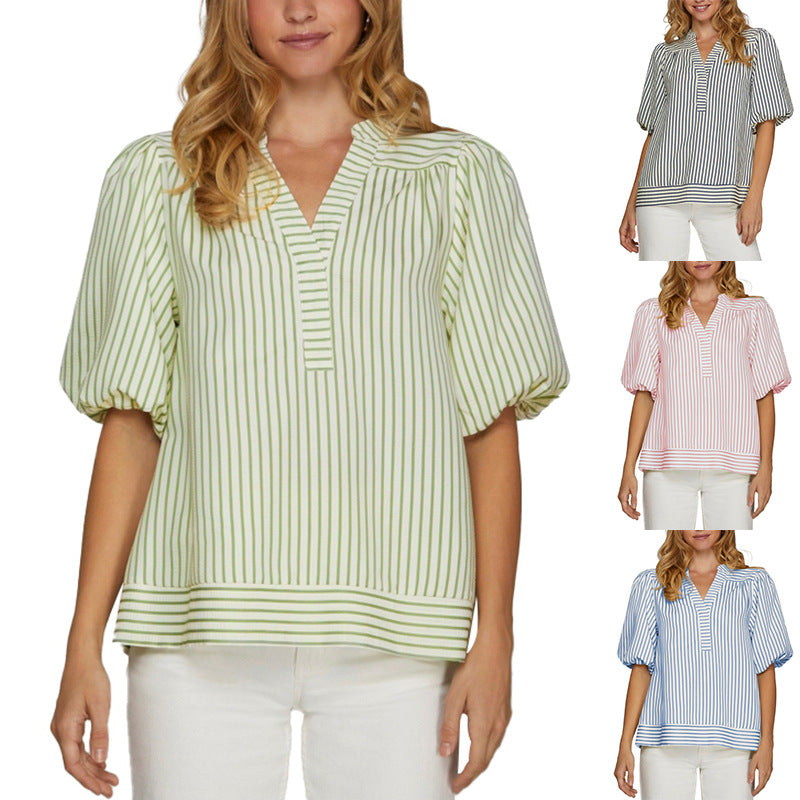 V-neck Panelled Striped Top With Puff Sleeves