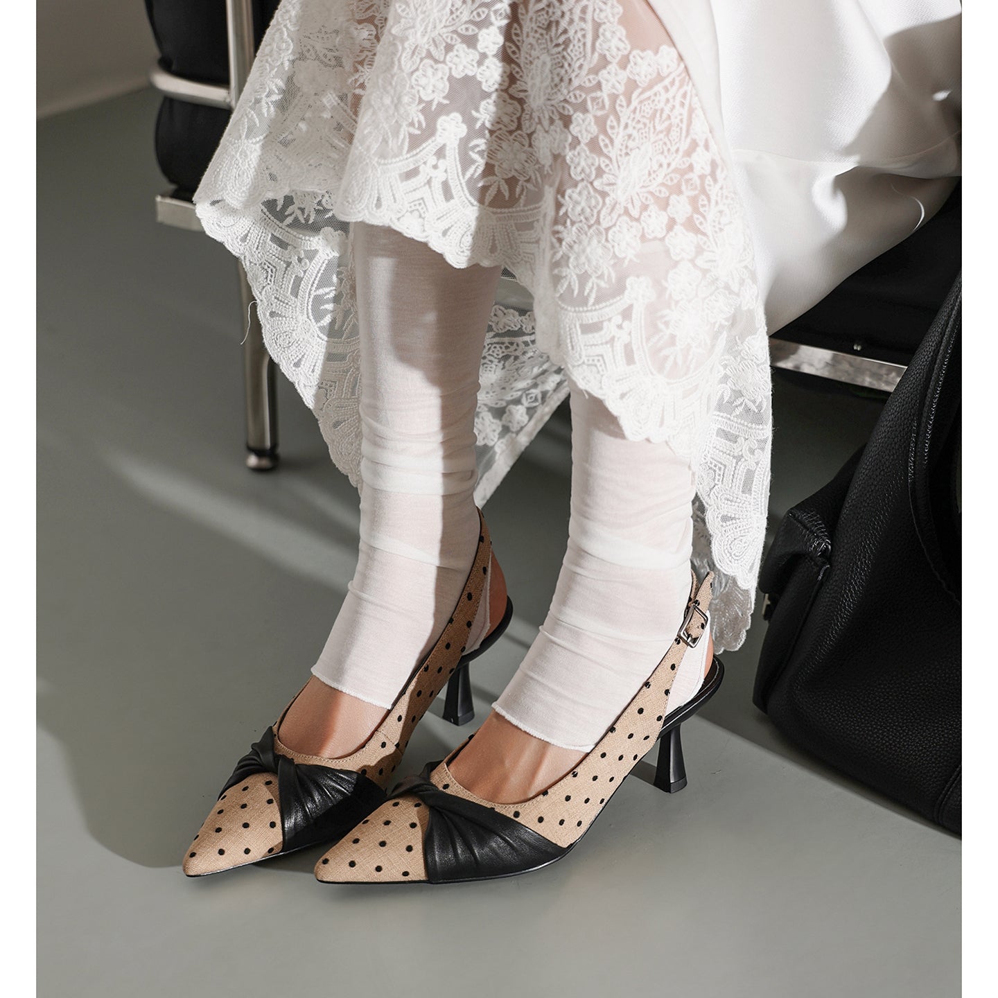 Women's Polka Dot Slingback Heels, Pointed Toe Genuine Lambskin Slingback Pumps