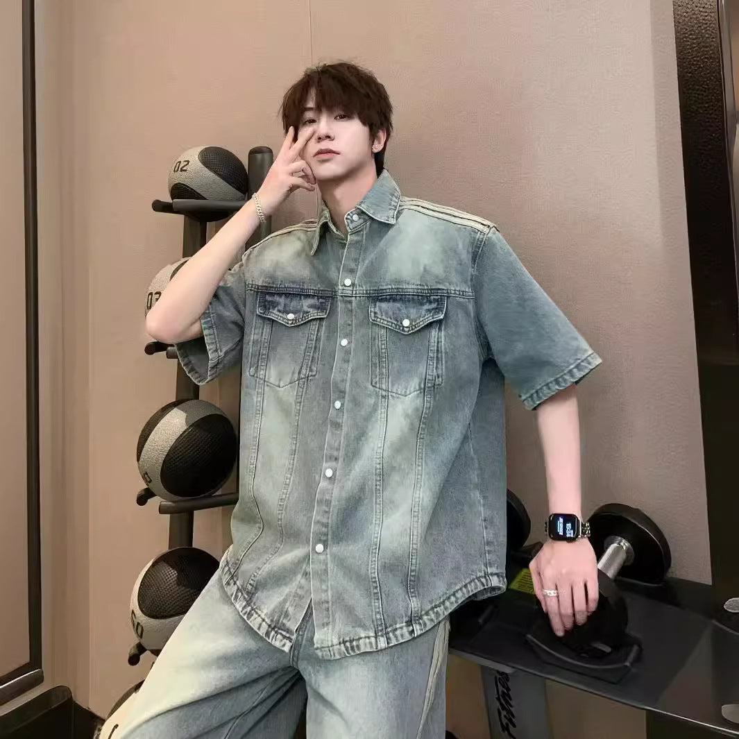 Retro Side Three Bar Stripes Short Sleeve Denim Shirt Outfit Men