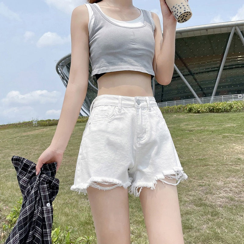 Womens High-waisted Thin Summer White Denim Shorts