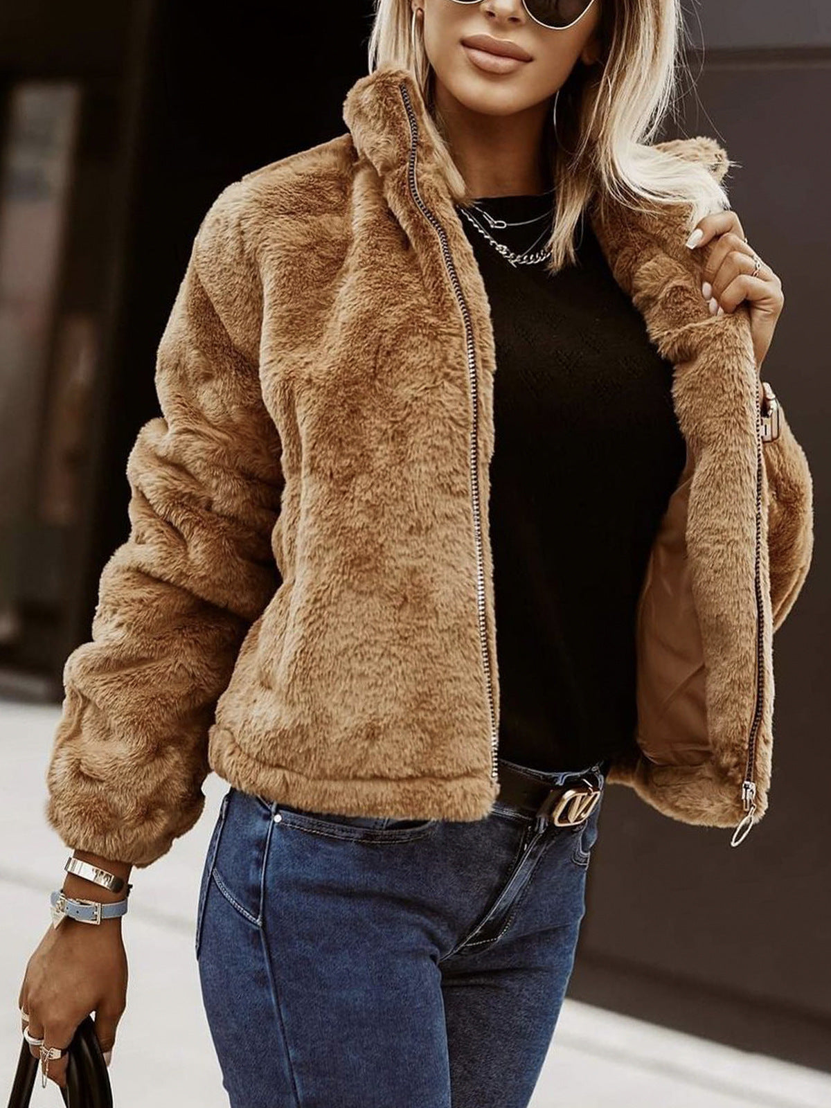 Summer Rabbit Fur Faux Leather Zipper Cardigan Plush Warm Coat