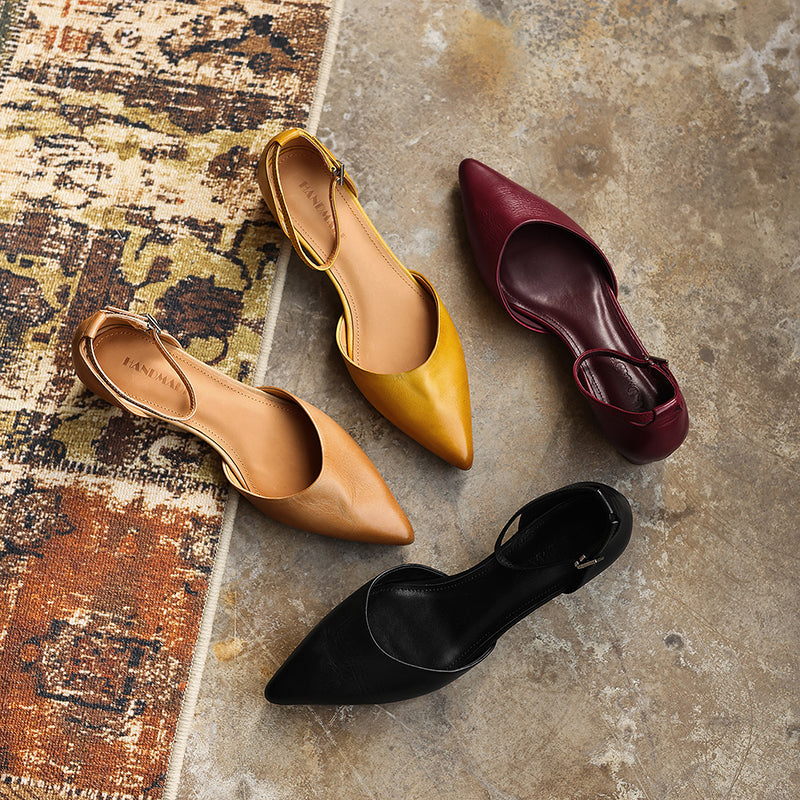 Women's Handmade Washed Leather Ankle Strap Pumps, Genuine Full-Grain Leather Pointed Toe Low Block Heel Sandals