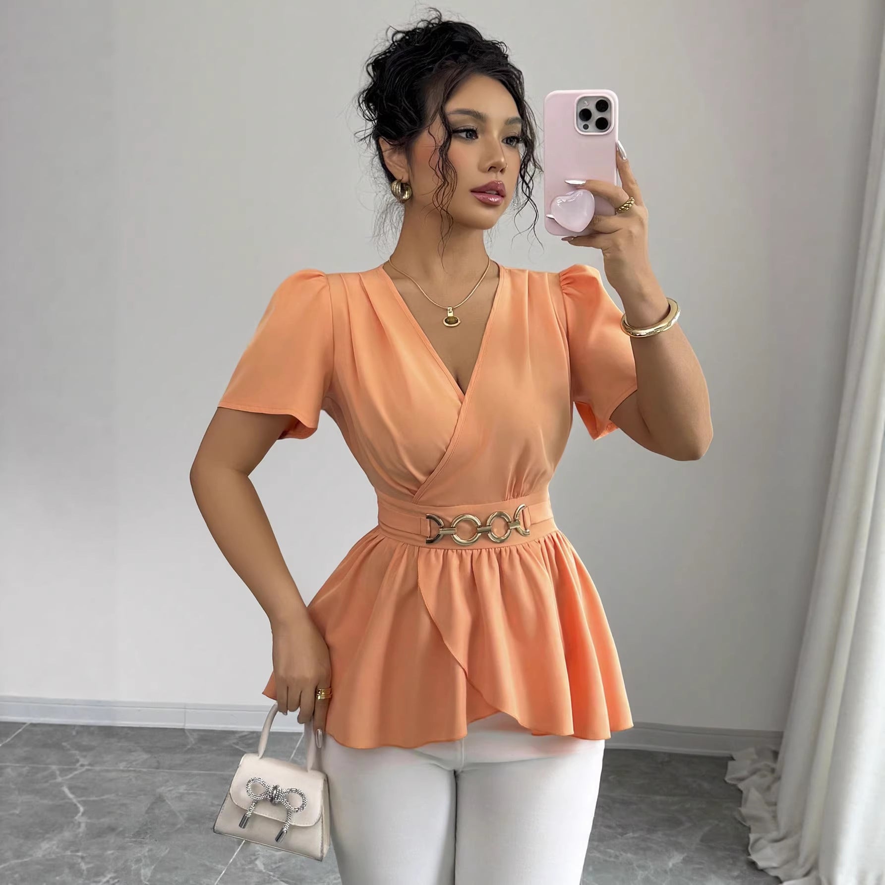 Slim-fit Solid-color Short-sleeve Womens Midriff-baring Top