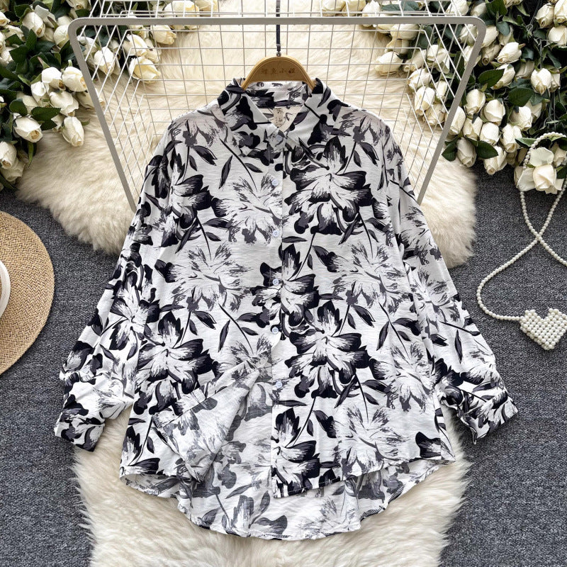 Retro French-style Printed Womens Autumn Loose Slimming Top