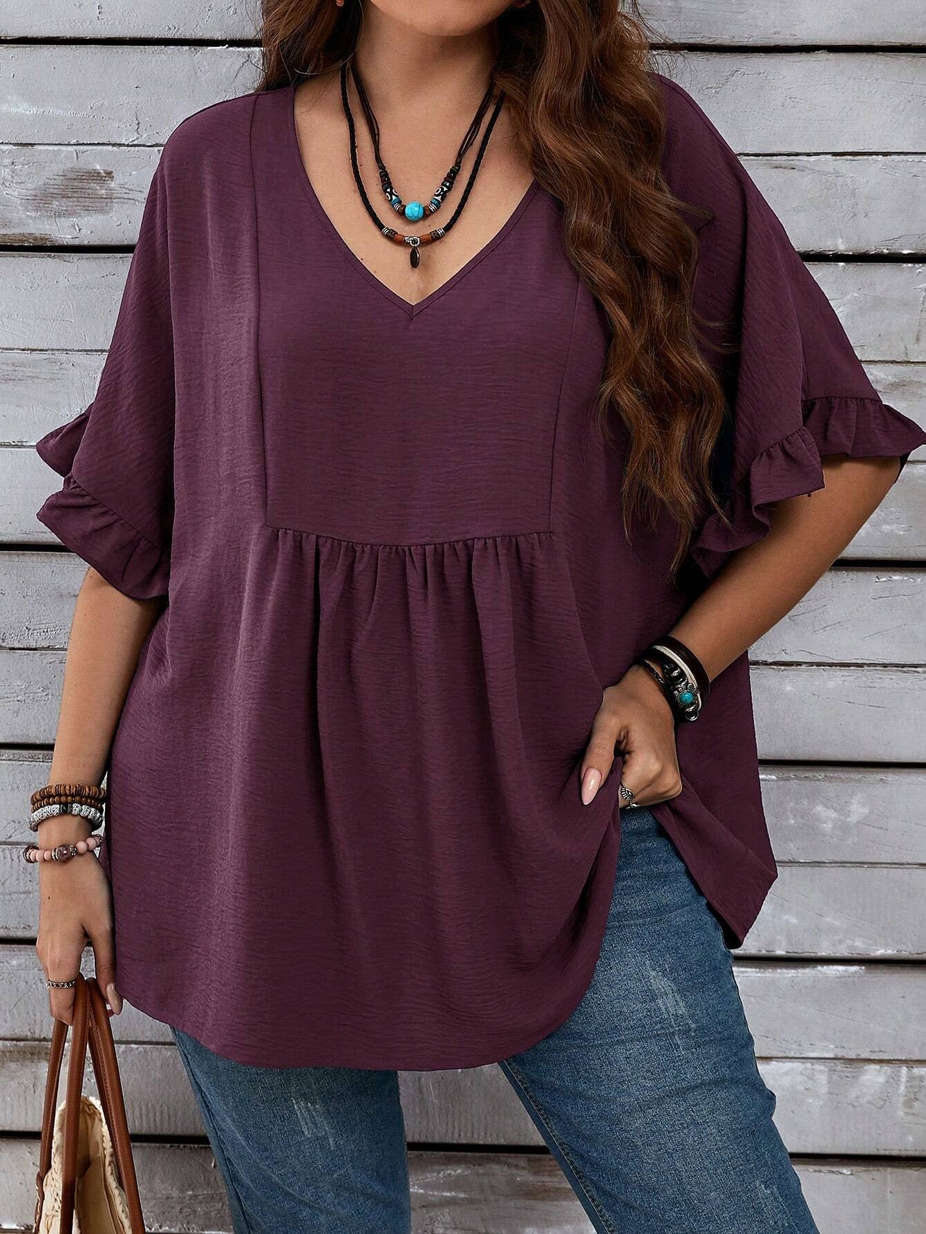 Solid-color Loose Ruffled High-waist Three-quarter-sleeve Top