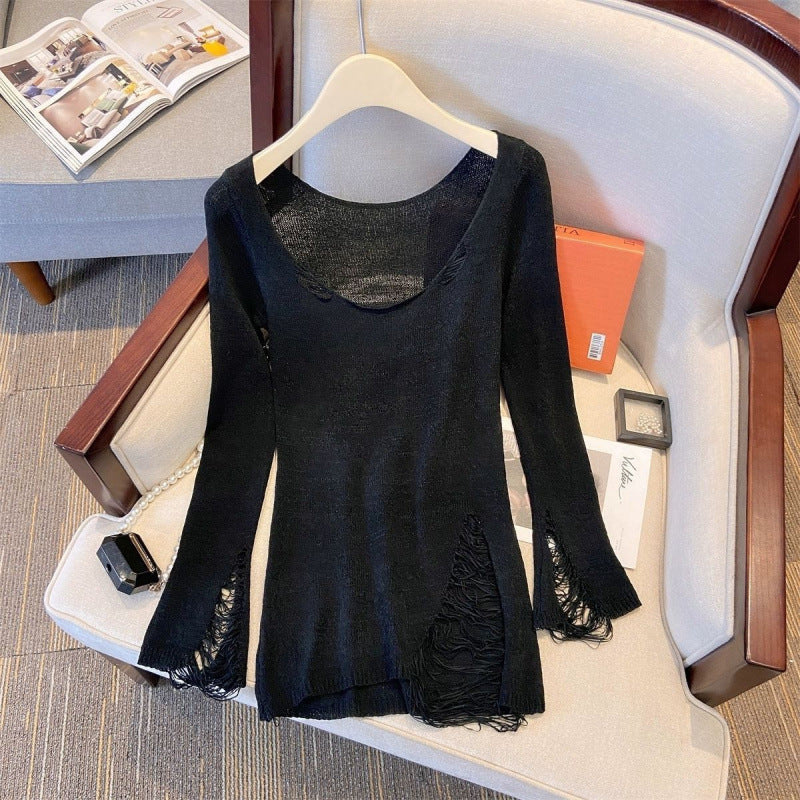 Loose, Casual-style Ripped And Cutout Long-sleeve Top