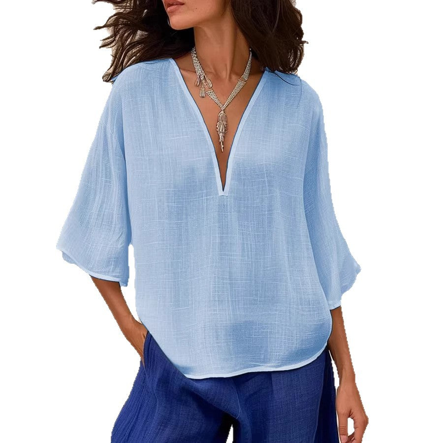 Loose Casual Solid-Colored Cotton-Linen Womens V-Neck Trendy Fashion Mid-Sleeve Top