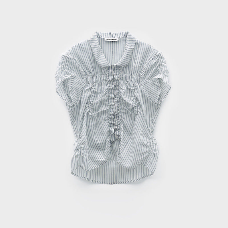 Ruffled Slim-fit Pleated Short-sleeve Top With Drawstring A-line Skirt