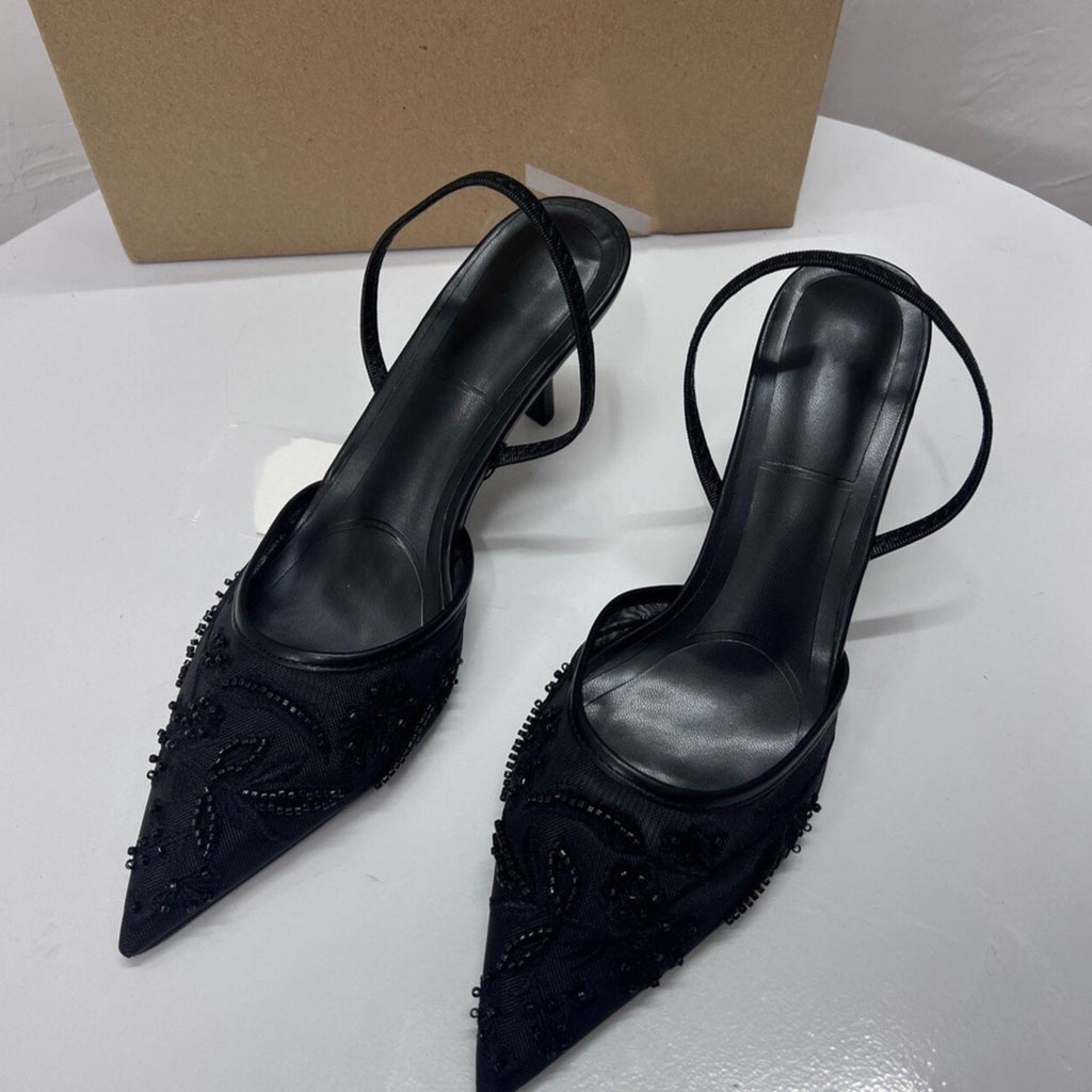 Spring New Product  Women's Rear Strap Embroidered Mesh High Heels