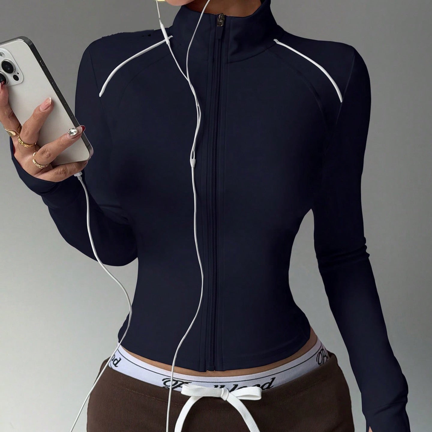 Short Contrast Color Sports Yoga Jacket Fitness Zip Long Sleeve Coat