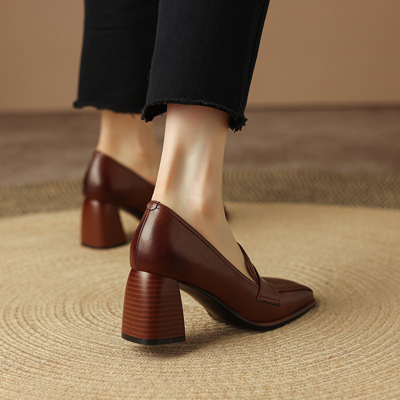 Retro Brown Chunky-Heel Pumps Women's Sheepskin