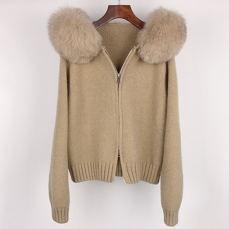 Spring Coat Women's Zipper Real Fox Fur Collar Hooded