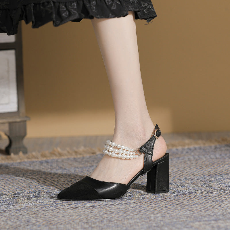 Pointed Toe Chunky Heel High Heels Plus Size Buckle Pearl Sandals