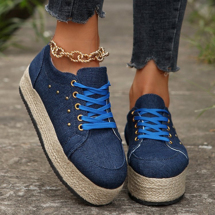 New European And American Cloth Rubber Cloth Lace Loop Round Toe Shoes