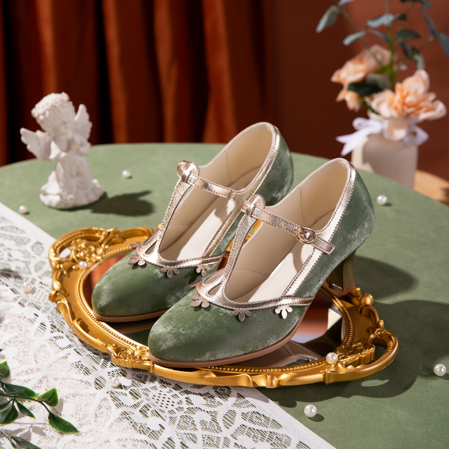 Retro Velvet V Neck Platform Heels With Double Color Petal Decoration Delicate Stiletto Flats With Two-color Option Elegant Party And Daily Wear Women S Shoes Comfortable And Versatile Everyday Fla