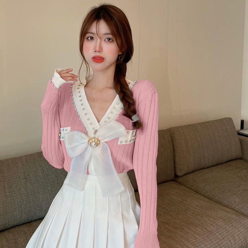 Fashion V-neck Bow Knitted Coat Women's Top