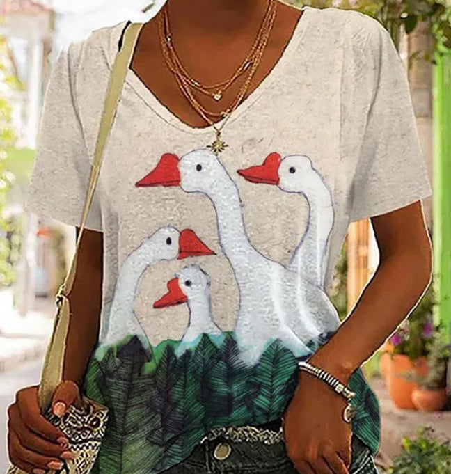Fashionable 3D Printed Loose Short-sleeved Top For Women