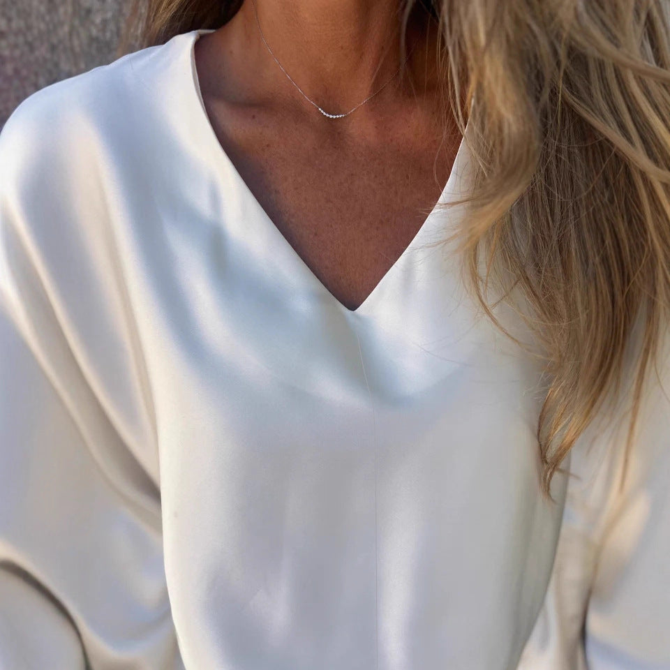 V-neck Loose-fit Long-sleeve Satin Shirt