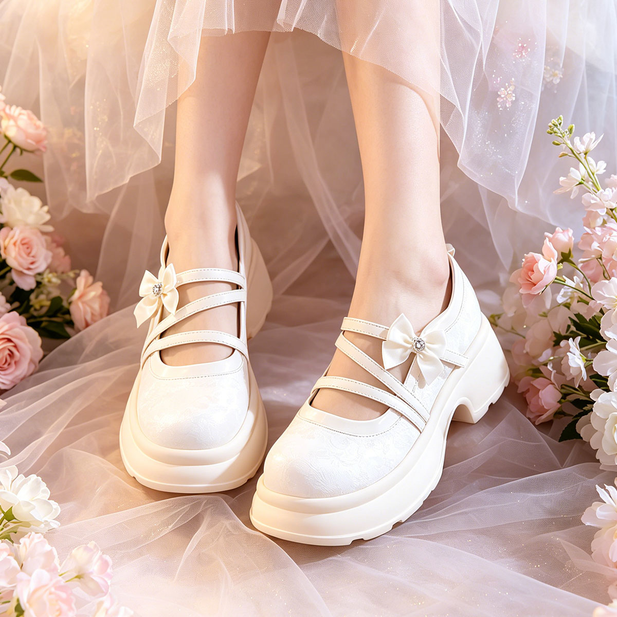Sweet Bow Platform Mary Jane Shoes, Ivory Chunky Sole Pumps For Daily Wear