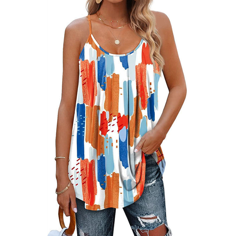 Women's Casual Summer Pleated Round Neck Keyhole Loose Top