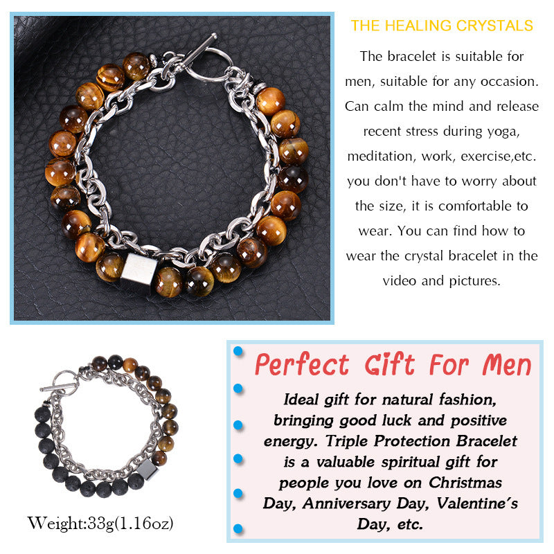 Stainless Steel Double Layer 8mm Tiger-Eye Bracelet Men